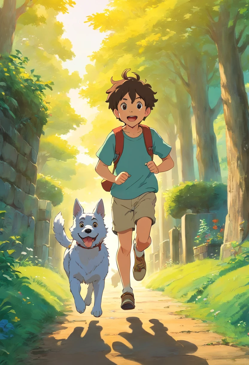 Boy running with his dog 