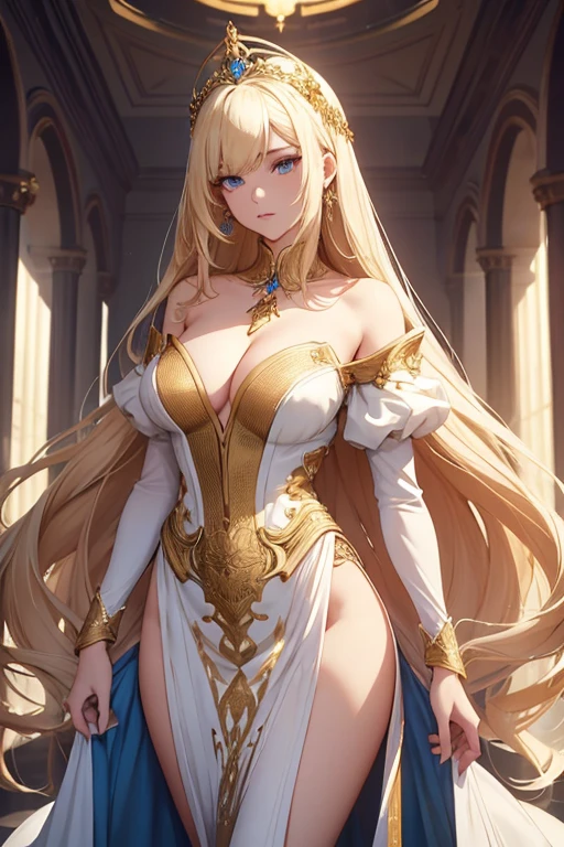 "masterpiece, top-quality, the Extremely Detailed CG Unity 8K Wallpapers, Ultra-realistic 8kCG, erfect artwork, The perfect female figure, Dramatic shadows, Her figure is tall and elegant, and she radiates a bright and radiant aura of power and grace. Her skin is as pale as snow, her hair is a vibrant blonde and her eyes are a piercing blue that holds your gaze like a tractor beam. She is dressed in a flowing white gown, with golden embroidery and details, and she holds a golden wand bearing a single white rose. Everything about her is majestic and otherworldly, like a vision of perfection made flesh"
