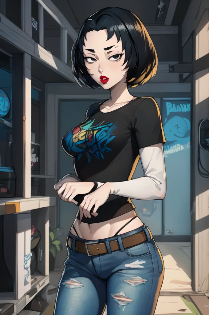 ((masterpiece,best quality)), absurdres,
Gwen_Total_Drama, 1girl, solo, standing, black t-shirt, white shirt, blue jeans, belt, lipstick, large breasts, layered sleeves