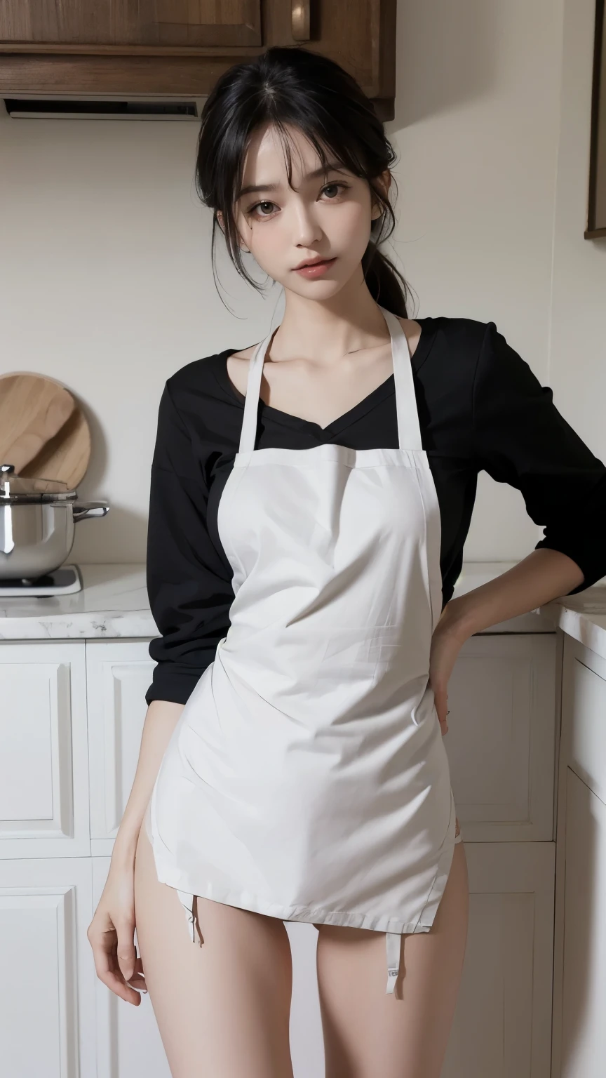 ((Composition from the thighs up, Backwards:2.0, Point your ass to the camera:2.0)), (((Clothing:2.0, Black apron under nude:2.0, White panties:1.8, Cotton apron:2.0))), ((Kitchen room:1.5)), 1 Girl, solo, ((Short Hair:1.2, A grin:1.2)), 18-year-old, 7 heads, Ideal body proportions, Black Hair, With bangs, Small breasts, slender, Small Ass, Beautiful feet, Skinny Legs, Surrealism, Cinematic Lighting, Depth of written boundary, First Person View,  F/1.8, 135mm, Ticker, Mastepiece, Curate, ((Anatomically correct:1.3)), Textured skin, Super Detail, High detail, High quality, Awards, Best Quality, High resolution, 8K