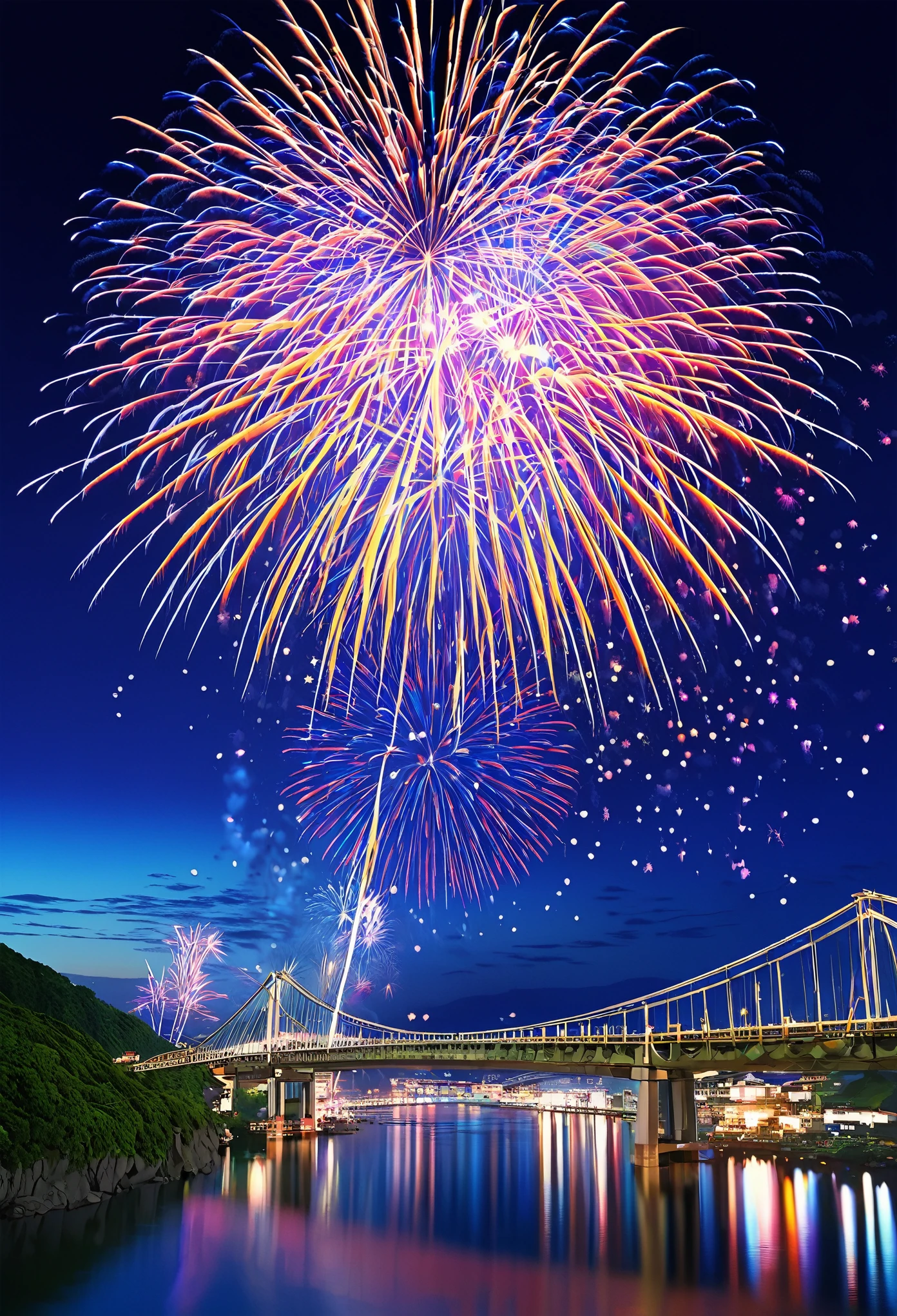 fireworks in the sky over a bridge and a river, Illustration by Masao Maeda, Shutterstock, Nuclear Art, [ fireworks in the sky ]!!, vivid!!, firework, Colorful explosions, Happy!!!, Prize-winning color photo, beautiful!!!, fireworks in the background, Colorful explosions, fireworks in background, explosion of colors, vividな色, fireworks