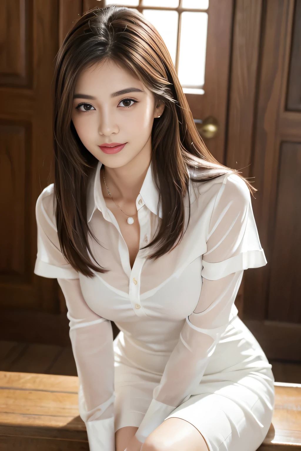 (RAW Photos), (Realistic), (masterpiece), (highest quality), High resolution, 8k, (Intricate details), (Volumetric Light), Portraiture, woman, Age 25, Medium Hair, Straight hair, Medium Chest, Layered Hair, Brown Hair, Very beautiful eyes, Source order, Very thin eyebrows, Very fine skin, Very beautiful mouth, Very nice nose, Cute like an idol, smile, (Thick lips), (Looking at the audience), (See-through pearl white collar dress shirt), Above the knee shot