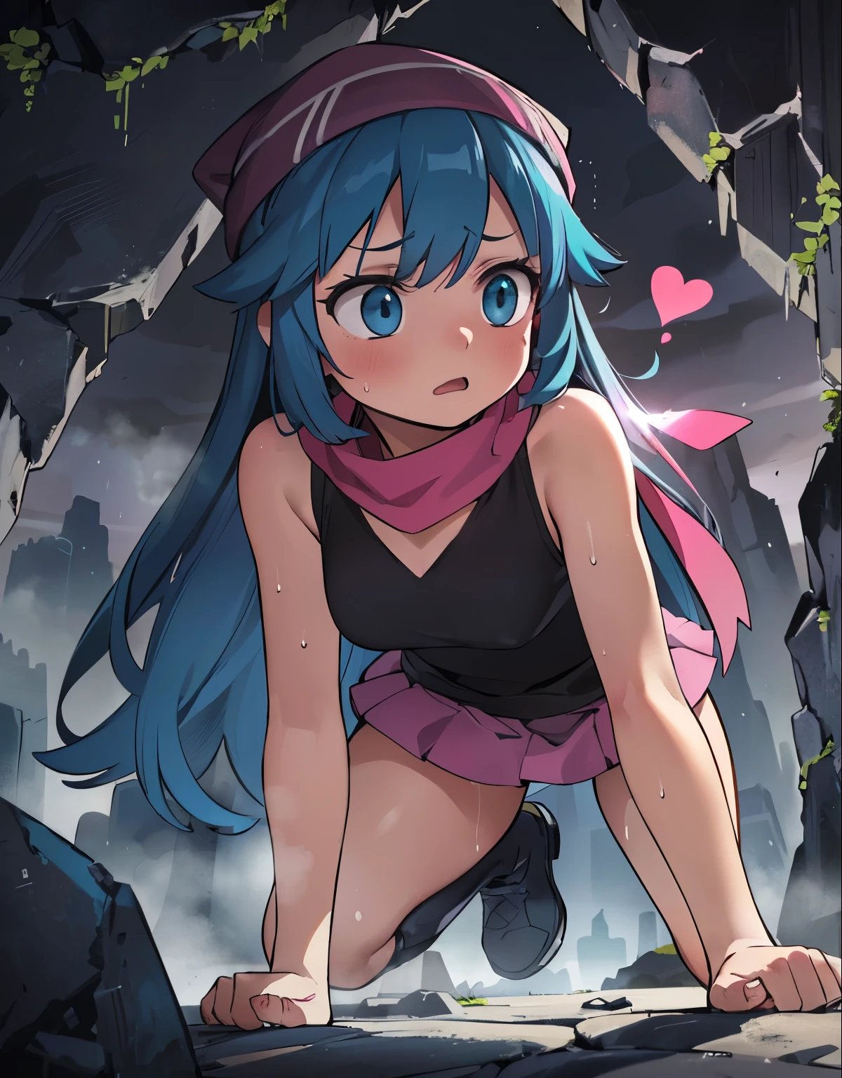 (best quality,4k,highres),(realistic:1.37),(dark,moody:0.9),(intense,high-contrast:1.1),(dramatic lighting,shadowysterious atmosphere),dawn \(pokemon\), beanie, long hair, blue hair, blue eyes, black sleeveless shirt, pink scarf, pink skirt, pink boots, white panties, body shape, chubby thighs, thick thigh,(beautiful detailed eyes,long eyelashes:1.1),(filthy,clothing tearing),(sweat,heavy breathing),(trembling body),(urgent,panic-stricken),(desperate escape),(damp walls,rough texture),(massive boulder:1.2),(colorful fragments,flying in the air),(danger,disaster:1.1),(trapped,enclosed space),(fear,terror),(ominous presence),(echoing sound),(heart-pounding),(blurry motion effect),(narrow passage,limited visibility),(tension,suspense:1.1),(drenched in darkness),(dynamic composition),(determined expression),(uneven terrain),(moss-covered rocks),(fearful gaze),(eerie silence),(adventure,thriller),(sudden tilt,angled perspective),(crawling in shadows),(intense action),(arduous escape),(precise lighting),(subtle hint of hope),(adrenaline rush),(chasing scene),(glimpse of light at the end),(faint echoes),(emerging from darkness),(sudden relief),(strength,agility),(quick reflexes),(pulsating energy),(cave exploration),(skilled dodge),(flickering light),(intense pursuit),(breathtaking tension)