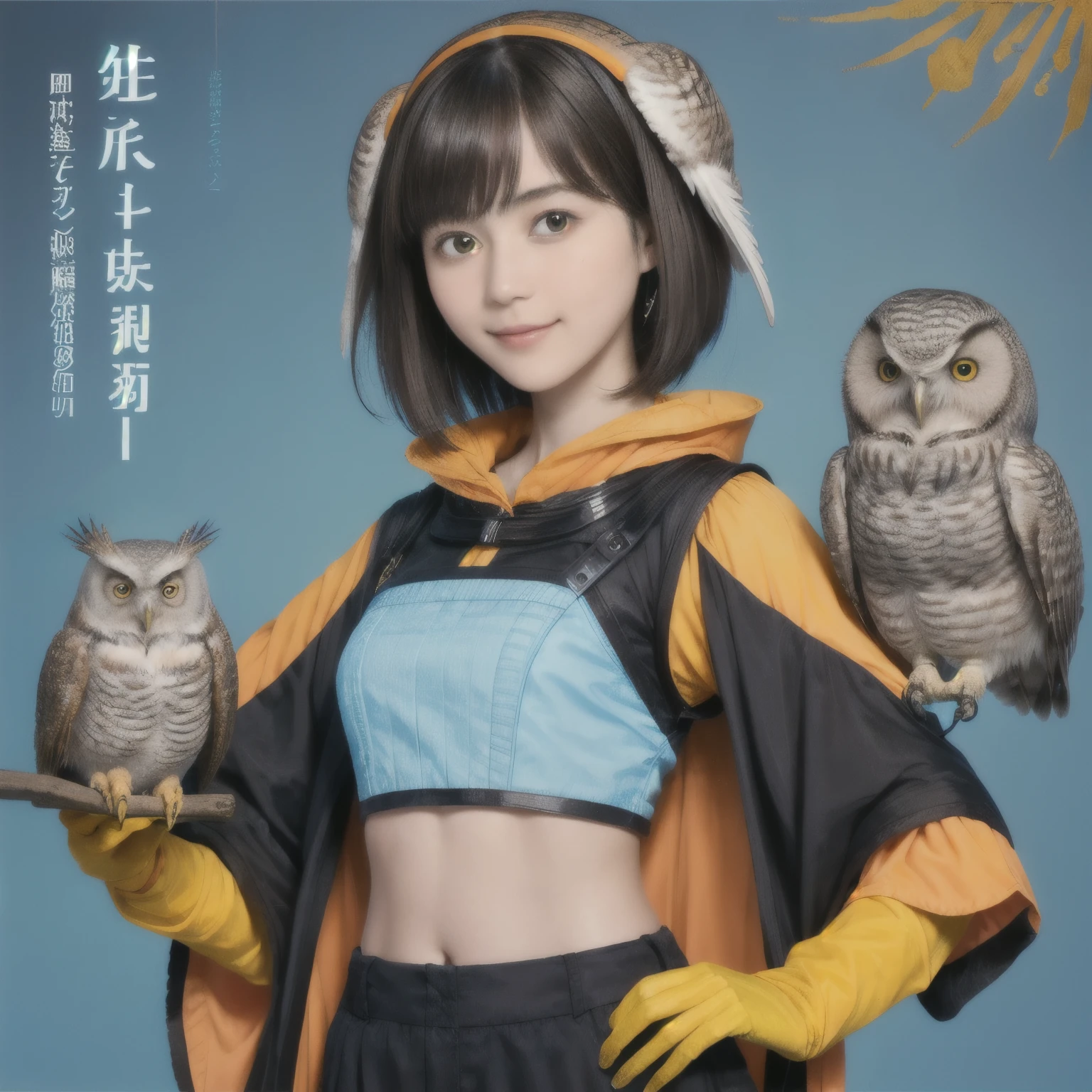 224 Short Hair, 20-year-old woman, A kind smile, (There are also colorful owls), (Rembrandt-style painting), ((machinery suit,Clothes with short sleeves)),I can see your abs