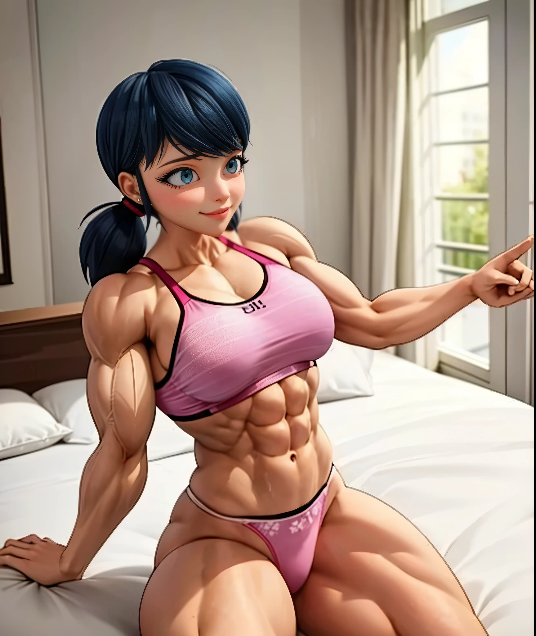 (big muscular female bodybuilder, beautiful detailed eyes, beautiful detailed lips:1.1,strong physique, two short pigtails, (smile), pink (bra and panties), lifting weight, muscular arms and legs:1.2, toned abs, powerful expression,sweating:1.1, bed background:0.9, intense focus:1.1, vibrant colors, dramatic lighting),rippling muscles,sturdy frame,dark tan,fit around the waist,tight abs,strong arms and shoulders,intense expression,determined look,well-defined muscles and veins,straining muscles,artistic pose,steely gaze,side lighting,powerful presence,vivid colors,dynamic composition,studio lighting,physically-based rendering,athletic build,bodybuilding silhouette,professional,gritty texture,bokeh.