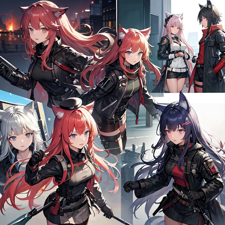 Need to create a single character image，The style is similar to the character portraits of the mobile game Arknights，Race is the film in the game，From the in-game country Victoria，Occupation is the intelligence unit of the country in the game Gray Hat。Age 18 years，Height 1.5 meters。She is a cat girl ****，The hair is pink，Petite and cute，But there is great power hidden under the dark uniform，Good appearance，There is a murderous atmosphere，But the walking posture is a bit silly。She wears combat gloves on both hands，There is a grey top hat on his head，However, cat ears can be seen by people without being blocked.。The weapon you hold can be either melee or ranged.。