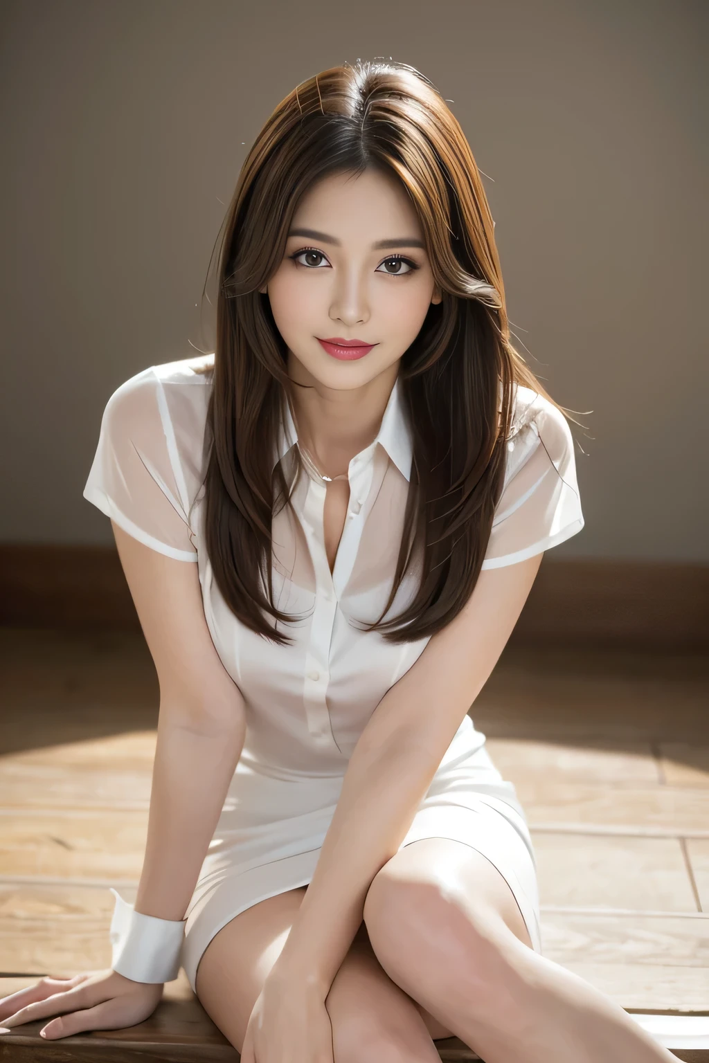 (RAW Photos), (Realistic), (masterpiece), (highest quality), High resolution, 8k, (Intricate details), (Volumetric Light), Portraiture, woman, Age 25, Medium Hair, Straight hair, Medium Chest, Layered Hair, Brown Hair, Very beautiful eyes, Source order, Very thin eyebrows, Very fine skin, Very beautiful mouth, Very nice nose, Cute like an idol, smile, (Thick lips), (Looking at the audience), (See-through pearl white collar dress shirt), Above the knee shot