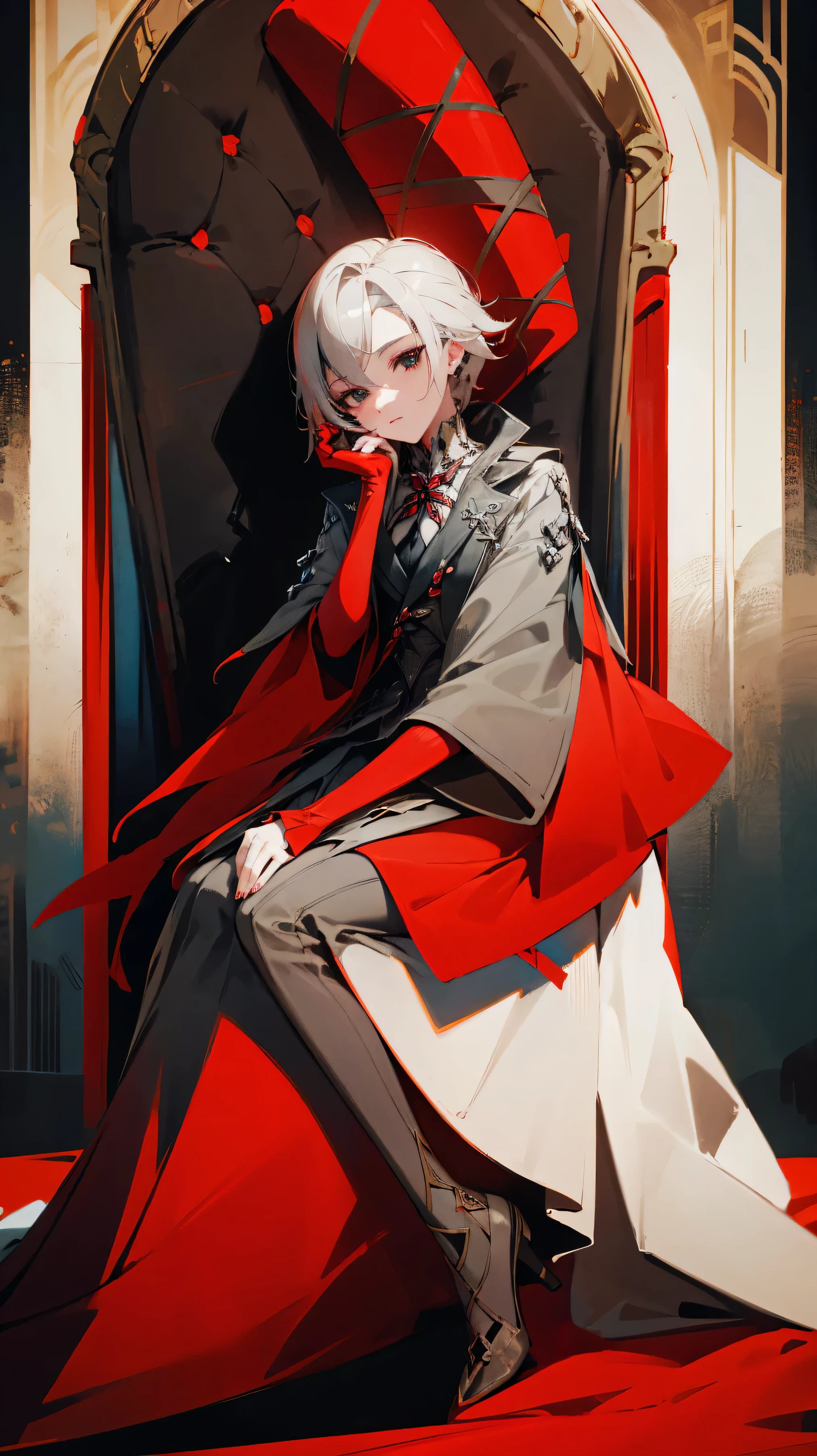 Arlecchino, sitting on throne, ultra quality, dark and red theme, people kneeling for her