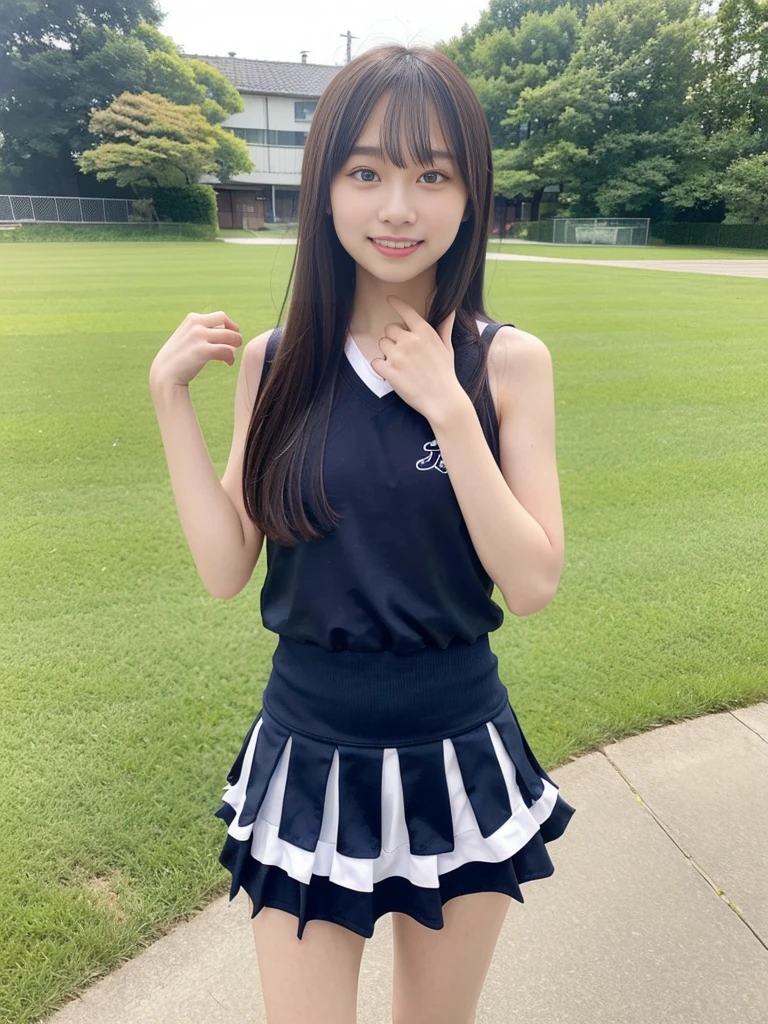 (masterpiece, highest quality:1.4), Award-winning portraits, 8k, 85mm, alone, Beautiful Face, Delicate girl,  (Cheerleader、On the grass), Sophisticated, cute, 15 years old, RAW Photos, Confused, High resolution, Sharp focus, Background blur、(((Flat  、thin and delicate body、Childish atmosphere)))、shiny semi-long hair、ponytail、Mole on the left cheek、 Dark blue eyes、High Kick、the skirt is swaying in the wind、Hair swaying in the wind、sexy、Flexible legs