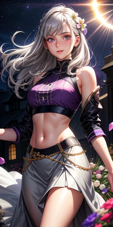 Realistic, One girl, Gray Hair, Purple eyes, Glowing Eyes, Crop top, skirt, Lips parted, blush, night, Flowers, sun, sunlight,