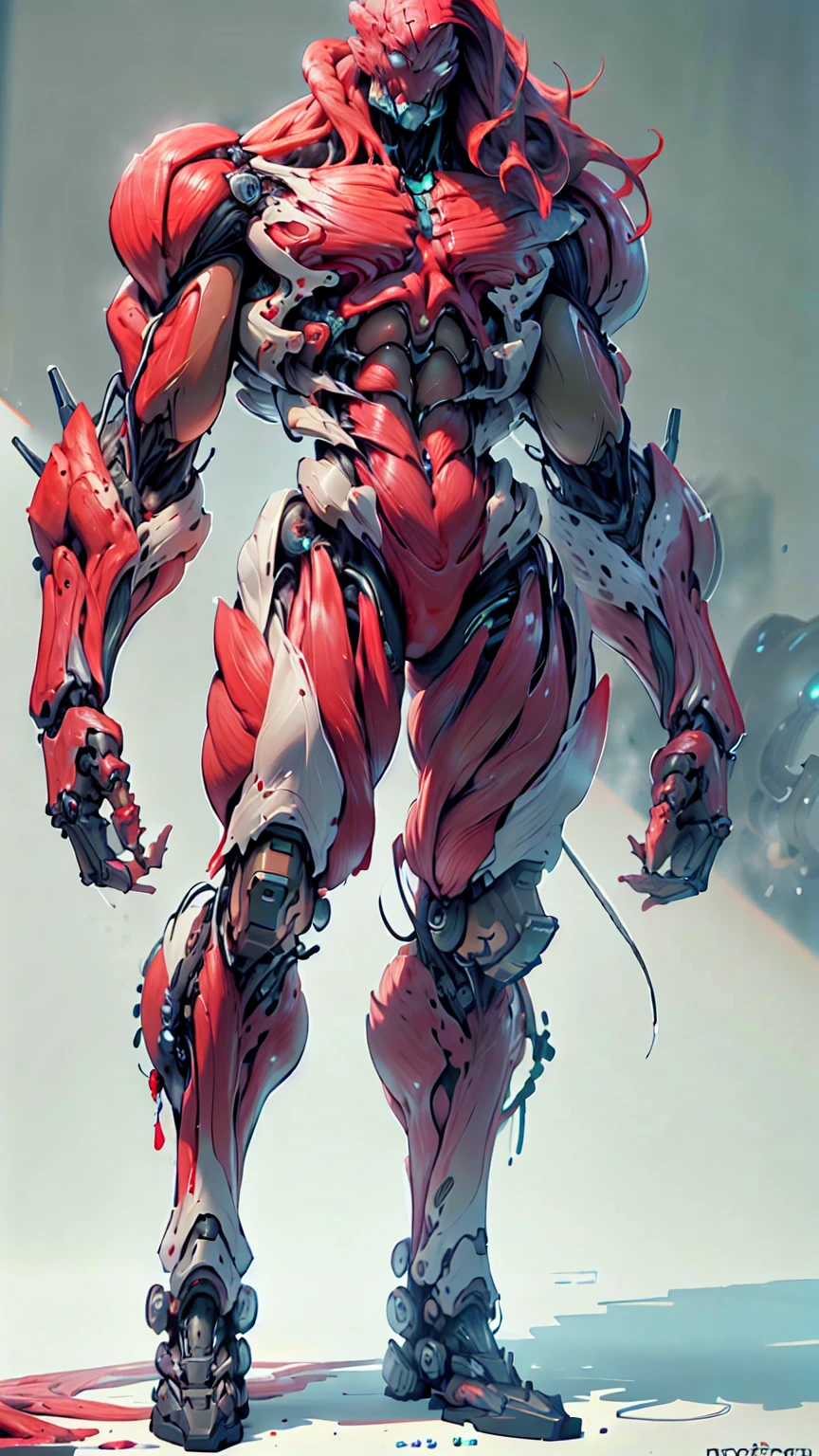 (1 girl), (megan fox:1.25), (muscular android girl wearing a red anatomic bio-mecha cybernetic muscle suit:1.25), (wide shoulders:1.25), (muscular defined physique:1.25), perfect hands, (long hair:1.25), looking at viewer, high resolution image, extreme detail, blank background