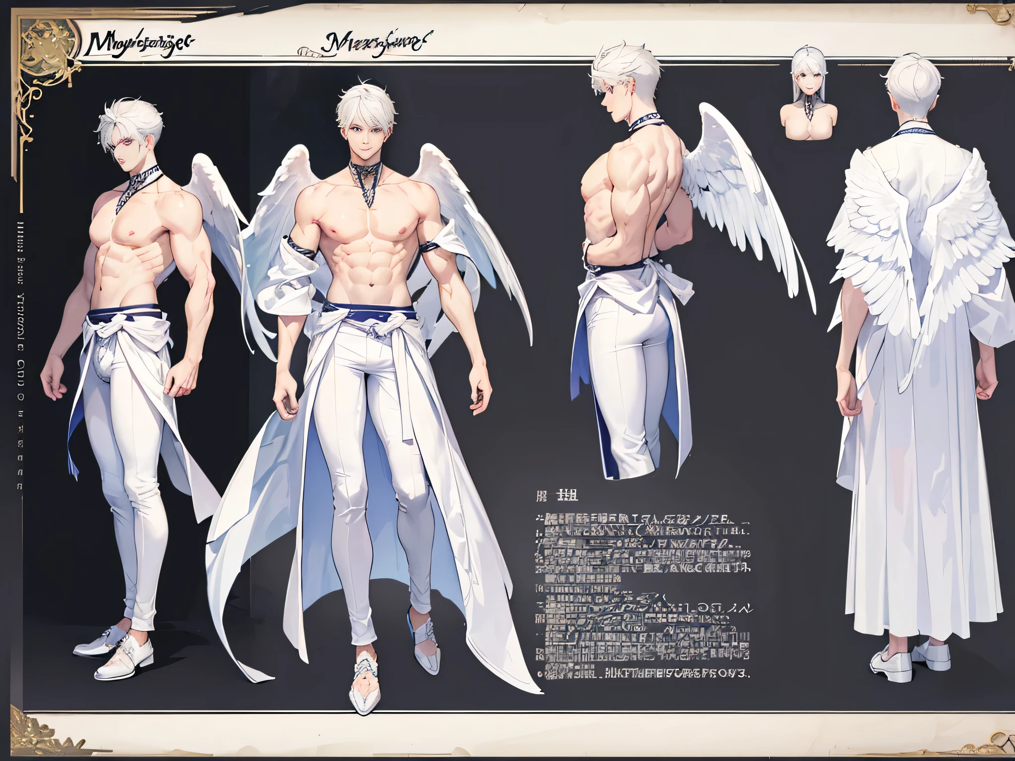 ((Masterpiece, Highest quality)), Male, boy, Detailed face, character design sheet， full bodyesbian, Full of details, frontal body view, back body view, Highly detailed, Depth, Many parts, angel wings, white hair, angel outfit, Muscle boy with white hair，handsome man, male angel , man tall,