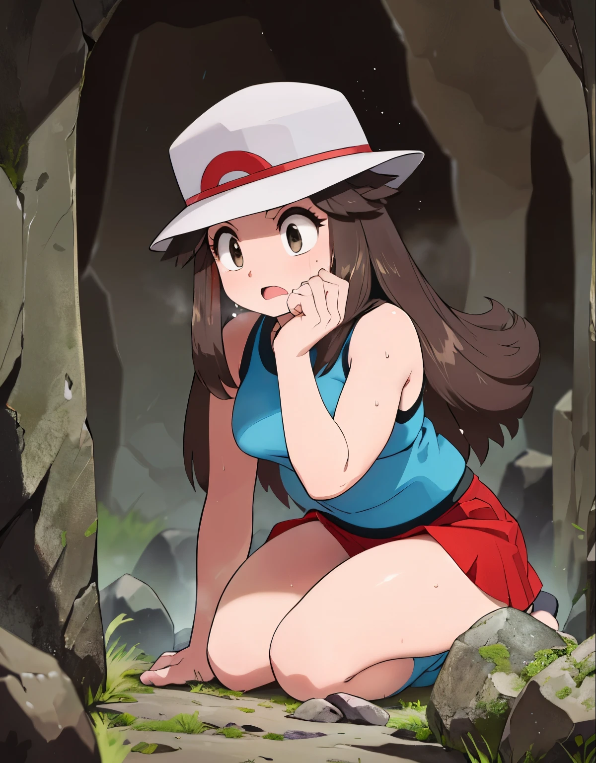 (best quality,4k,highres),(realistic:1.37),(dark,moody:0.9),(intense,high-contrast:1.1),(dramatic lighting,shadowysterious atmosphere), solo, lf, red skirt, blue shirt, sleeveless, white hat, upskirt, white panties, body shape, chubby thighs, thick thigh,(beautiful detailed eyes,long eyelashes:1.1),(filthy,clothing tearing),(sweat,heavy breathing),(trembling body),(urgent,panic-stricken),(desperate escape),(damp walls,rough texture),(massive boulder:1.2),(colorful fragments,flying in the air),(danger,disaster:1.1),(trapped,enclosed space),(fear,terror),(ominous presence),(echoing sound),(heart-pounding),(blurry motion effect),(narrow passage,limited visibility),(tension,suspense:1.1),(drenched in darkness),(dynamic composition),(determined expression),(uneven terrain),(moss-covered rocks),(fearful gaze),(eerie silence),(adventure,thriller),(sudden tilt,angled perspective),(crawling in shadows),(intense action),(arduous escape),(precise lighting),(subtle hint of hope),(adrenaline rush),(chasing scene),(glimpse of light at the end),(faint echoes),(emerging from darkness),(sudden relief),(strength,agility),(quick reflexes),(pulsating energy),(cave exploration),(skilled dodge),(flickering light),(intense pursuit),(breathtaking tension)