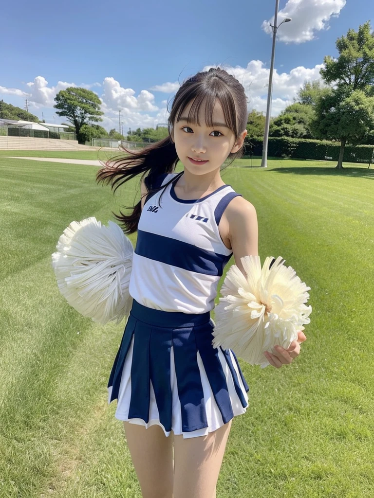 (masterpiece, highest quality:1.4), Award-winning portraits, 8k, 85mm, alone, Beautiful Face, Delicate girl,  (Cheerleader、On the grass), Sophisticated, cute, , RAW Photos, Confused, High resolution, Sharp focus, Background blur、(((Flat  、thin and delicate body、Childish atmosphere)))、shiny semi-long hair、ponytail、Mole on the left cheek、 Dark blue eyes、High Kick、the skirt is swaying in the wind、Hair swaying in the wind、sexy、Flexible legs