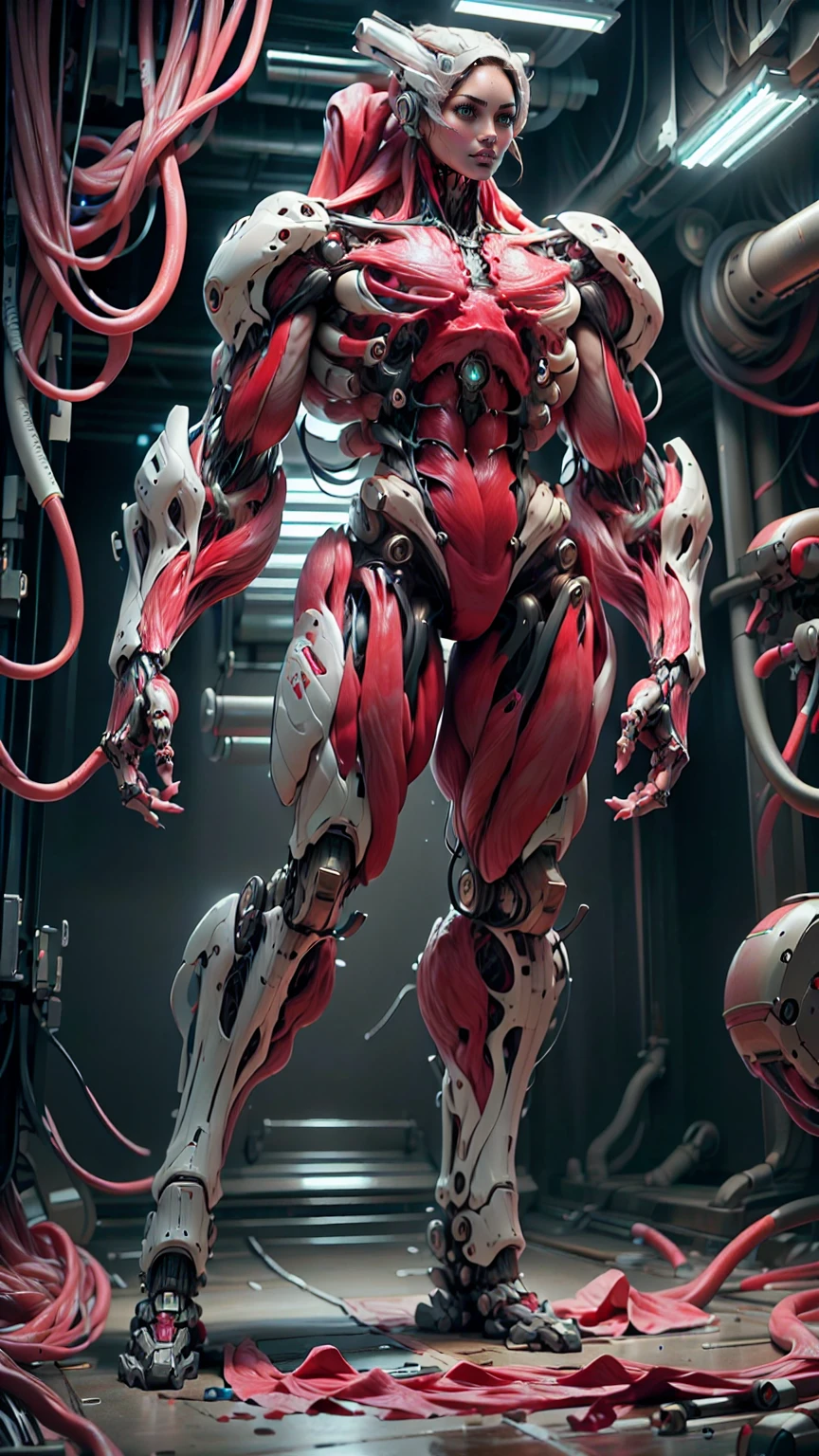 (1 girl), (megan fox:1.25), (muscular android girl wearing a red anatomic bio-mecha cybernetic muscle suit:1.25), (wide shoulders:1.25), (muscular defined physique:1.25), perfect hands, (long hair:1.25), looking at viewer, high resolution image, extreme detail, blank background