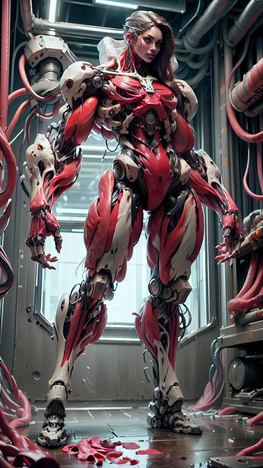 (1 girl), (megan fox:1.25), (muscular android girl wearing a red anatomic bio-mecha cybernetic muscle suit:1.25), (wide shoulders:1.25), (muscular defined physique:1.25), perfect hands, (long hair:1.25), looking at viewer, high resolution image, extreme detail, blank background