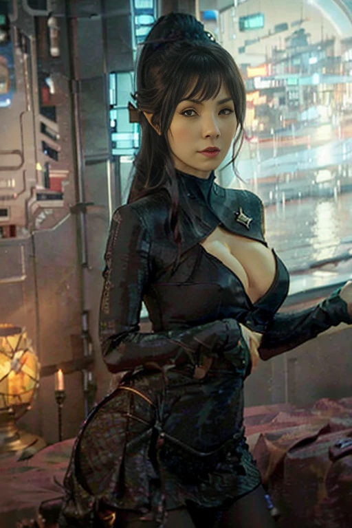 ((Top Quality、16K、masterpiece:1.3))、a tall and beautiful woman、Perfect Figure:1.4、(retro futuristic aesthetic) Slim Abs、half Vulcan/half Orion girl (from star trek) solo, red-haired 、60s hairstyle (with hair bangs)、pointed ears, small eyebrows, No postural movement、Stand up straight、Huge bust、Highly detailed facial and skin texture、(A detailed eye, Symmetry Eyes, Clear realistic eyes, Double eyelidd、Cold-stricken face、Symmetrical face), tanned green skin (illuminated, realistic shading sound), goth makeup, Royal sisters full of fans、The Telegraph Esbian、peach buttocks、(black futuristic Dress, Very Tight Knit), cleavage, squart、(Raw foto:1.2)、((Photorealcitic:1.4))Top Quality、masterpiece、Real Photography、very delicate and beautiful.、super detailed CG、Unity、8K photo wallpaper、delicate detail、best qualtiy、Highly detailed CG unity 8k wallpaper、absurderes、Incredibly Absurd、huge file size、extremely highly detailed、Hight Resolution、ighly Details、Beautiful detail girl、extremely detailed eyes and face、beautiful delicate eyes、Facial light、cinematic lightings、(big hips, thick thighs, beautiful legs, black pantyhose) 1girll、see -through,Watch your audience, Plane Air, high ponytail、ulzzang-6500、The Telegraph Esbian, different poses at different angles,