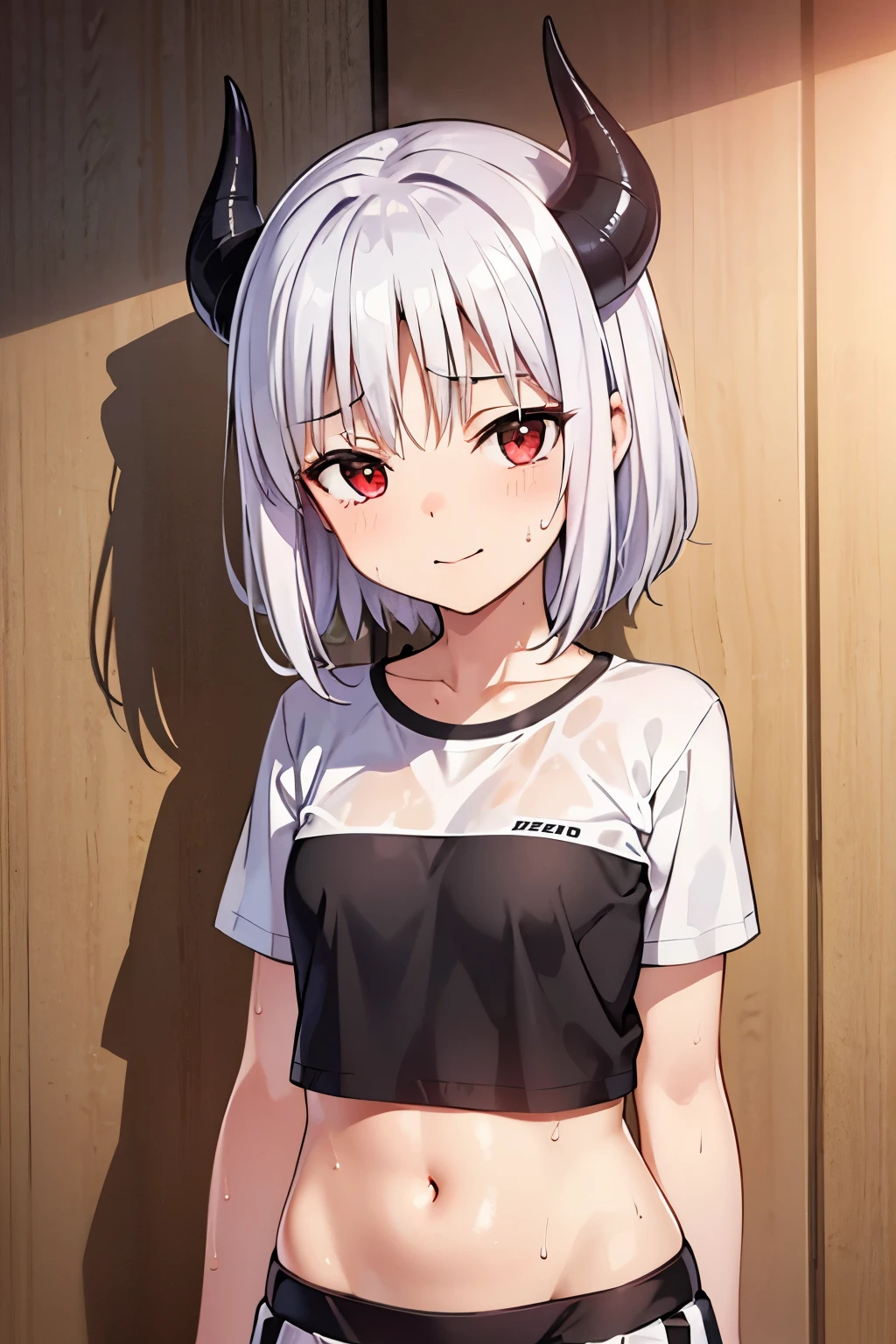 Este personaje de anime es una adolescente con cuernos de 2 y 13,2 centimeters high and 1,28 centimeters thick. Its horns are located on the upper left side of its head and show traces of its former life as a Hollow helmet.. Tiene el pelo gris y negro, corto. Her breasts are small, con una altura de 2 y 1,5 centimeters high and a thickness of 1,10 centimeters. He is ************ masterpiece, best quality, ultra-high-detailed, Disgusted face, white hair, red eyes, sigtuna julie , small breast, navel, ,Sweat, Warm body, hot body, A lot sweat , more sweat, hot temperature, , sweating, looking to viewer, deep eyes , evil smile, Sweated a lot, warm room, White wet t-shirt, mini skirt