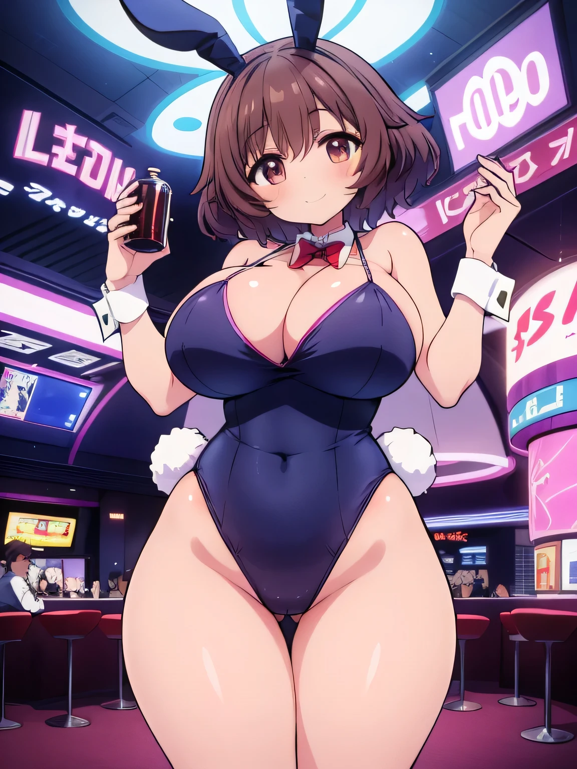 Anime illustration、highest quality、cyber punk、Voluptuous gravure idol、Perfect proportions、Dark brown skinned bunny girl、Bunny ears、Luxury Casino、smile、Big Breasts、Thick legs