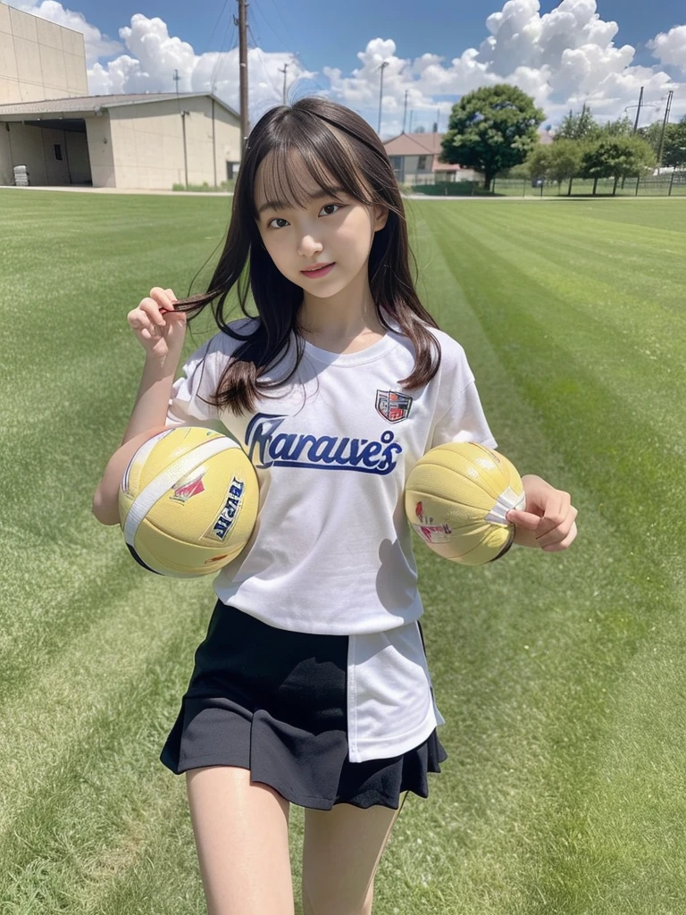 (masterpiece, highest quality:1.4), Award-winning portraits, 8k, 85mm, alone, Beautiful Face, Delicate girl,  (Cheerleader、On the grass), Sophisticated, cute, , RAW Photos, Confused, High resolution, Sharp focus, Background blur、(((Flat  、thin and delicate body、Childish atmosphere)))、shiny semi-long hair、ponytail、Mole on the left cheek、 Dark blue eyes、High Kick、the skirt is swaying in the wind、Hair swaying in the wind、sexy、Flexible legs