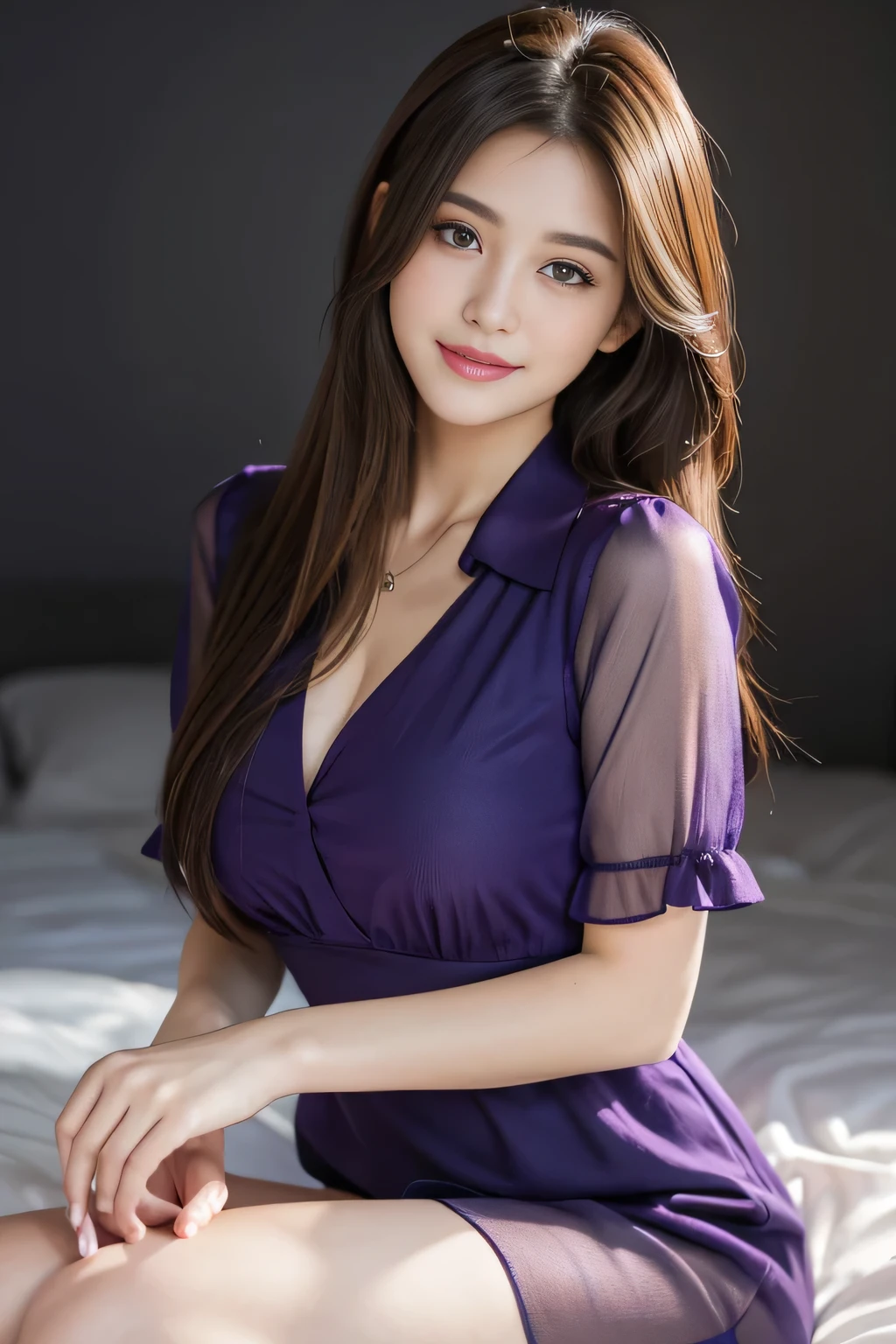 (RAW Photos), (Realistic), (masterpiece), (highest quality), High resolution, 8k, (Intricate details), (Volumetric Light), Portraiture, woman,Age 25, Medium Hair, Straight hair, Medium Chest, Layered Hair, Brown Hair, Very beautiful eyes, Source order, Very thin eyebrows, Very fine skin, Very beautiful mouth, Very nice nose, Cute like an idol, smile, (Thick lips), (Looking at the audience), (See-through dark purple collared dress shirt), Above the knee shot