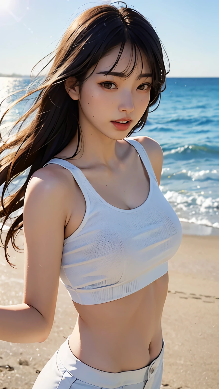 (logo、masterpiece、8k、Tabletop、RAW Photos、wonderful、最high quality、Photorealistic and Very detailed CG integrated 8k wallpaper、high quality、Very detailed、Narrative poem、Particle Effects、Dynamic Effects、Written boundary depth、Cinematic Light、Lens flare、Ray Tracing)、Fantasy、 (One beautiful woman、White pants、White T-shirt、White tube top、White crop top、Black-haired、Beautiful Face、True Face、Beautiful details、eye、Beautiful Skin、Ultimate Body、glamorous)、私の髪はWindに舞う、Hair flutters in Wind、Hair bounces、Seaside、wonderful景色、Coastal、sunrise、Sun in the background、Wind、Beach