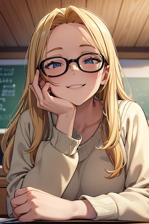 (masterpiece), best quality, expressive eyes, perfect face, 3/4 view portrait, a teacher woman resting on her desktop, adult face, head turneddark blonde long hair, forehead, eyes looking to the side, glasses, surprised, smiling, wears a beige color sweater and white shirt, a pen on her hand, classroom board scenery, shot from below