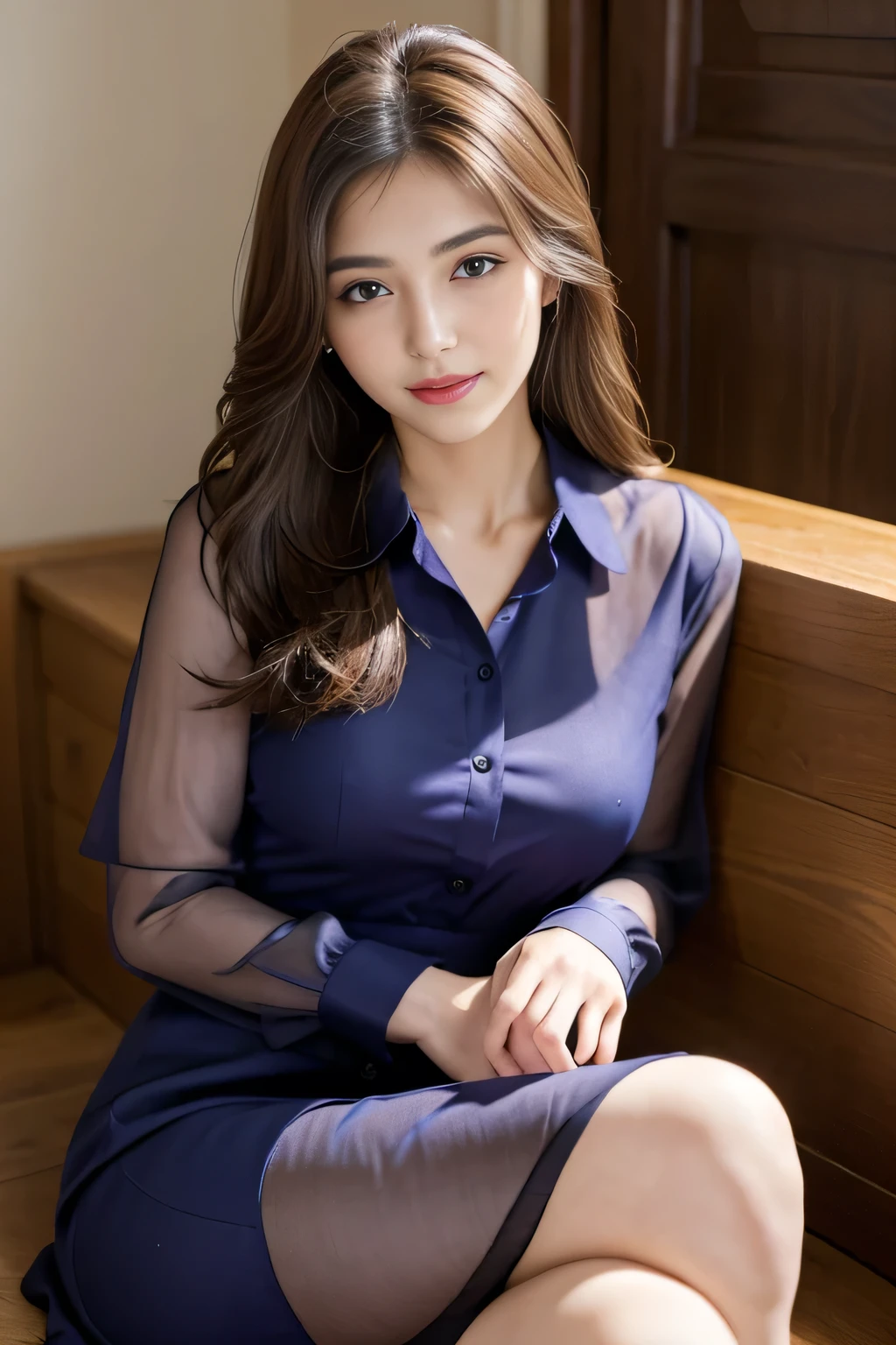 (RAW Photos), (Realistic), (masterpiece), (highest quality), High resolution, 8k, (Intricate details), (Volumetric Light), Portraiture, woman,Age 25, Medium Hair, Straight hair, Medium Chest, Layered Hair, Brown Hair, Very beautiful eyes, Source order, Very thin eyebrows, Very fine skin, Very beautiful mouth, Very nice nose, Cute like an idol, smile, (Thick lips), (Looking at the audience), (See-through dark purple collared dress shirt), Above the knee shot