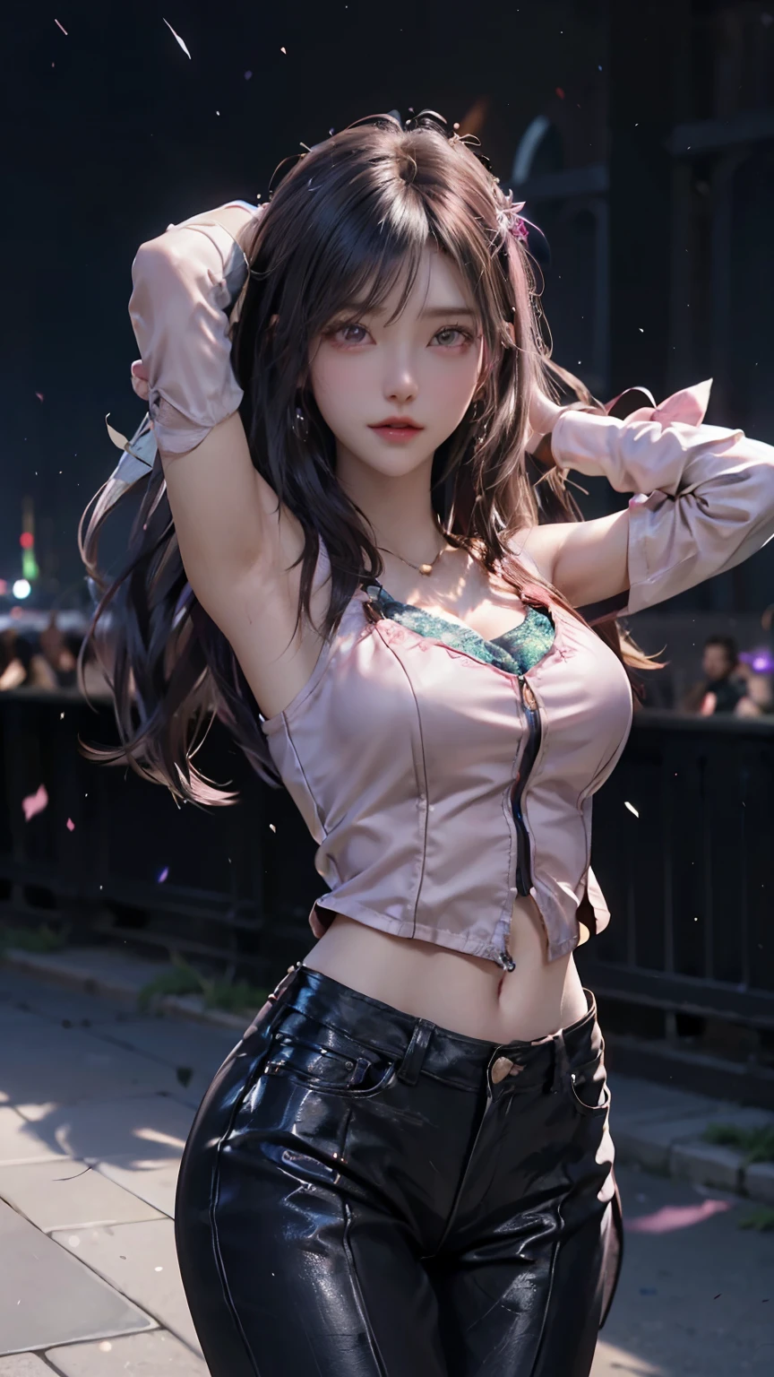 (logo、Masterpiece、8k、Tabletop、RAW Photos、wonderful、最high quality、Photorealistic and detailed CG composite 8K wallpapers、high quality、Very detailed、Narrative poem、Particle Effects、Dynamic Effects、Character Boundary Depth、Cinematic Light、Lens flare、Ray Tracing、Fantasy)、(1 beauty、Black hair、Beautiful Face、Real Face、fine grain、Beautiful Skin、Graceful dancing woman)、Hair fluttering in the wind、Bouncing Hair、Hair fluttering in the wind、Bouncing Hair、Light pink halter neck、Pink Leather Pants、Light pink leather jacket、Silver earrings、night、Wind、darkness、The silence and beauty of the grasslands、Vast land、Lakeside、Wonderful views、Beautiful natural wind scenery、Night Sky