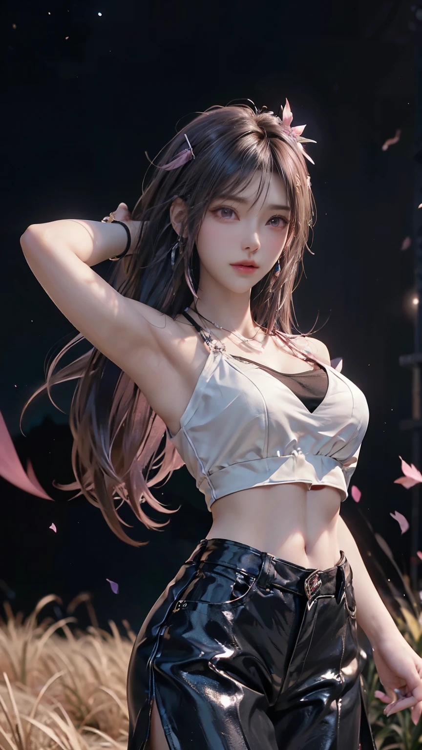 (logo、Masterpiece、8k、Tabletop、RAW Photos、wonderful、最high quality、Photorealistic and detailed CG composite 8K wallpapers、high quality、Very detailed、Narrative poem、Particle Effects、Dynamic Effects、Character Boundary Depth、Cinematic Light、Lens flare、Ray Tracing、Fantasy)、(1 beauty、Black hair、Beautiful Face、Real Face、fine grain、Beautiful Skin、Graceful dancing woman)、Hair fluttering in the wind、Bouncing Hair、Hair fluttering in the wind、Bouncing Hair、Light pink halter neck、Pink Leather Pants、Light pink leather jacket、Silver earrings、night、Wind、darkness、The silence and beauty of the grasslands、Vast land、Lakeside、Wonderful views、Beautiful natural wind scenery、Night Sky