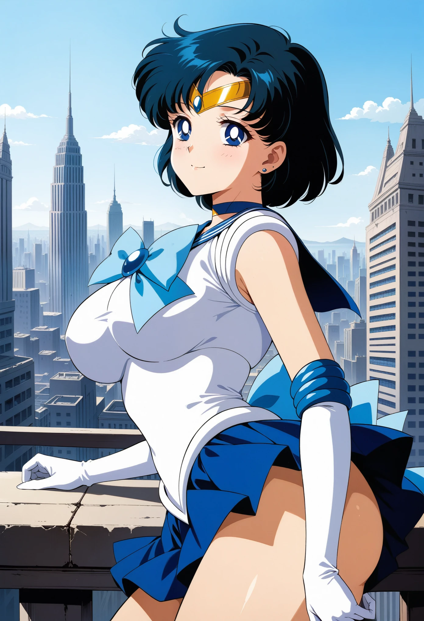 (masterpiece, best quality, very aesthetic, ultra detailed), intricate details, 4k, BREAK, 1girl, large breasts, aamercury, short hair, blue hair, tiara, earrings, blue eyes, blue choker, blue sailor collar, blue bowtie, white shirt, elbow gloves, white gloves, pleated skirt, blue skirt, bare legs, smile, from side, city