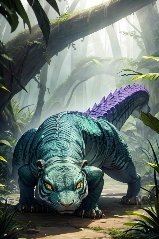 Komodo dragon with tiger stripes, purple scales and green eyes in the middle of a misty swamp