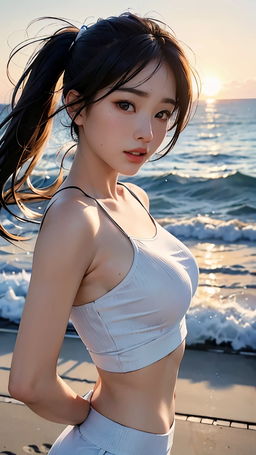 (logo、masterpiece、8k、Tabletop、RAW Photos、wonderful、最high quality、Photorealistic and Very detailed CG integrated 8k wallpaper、high quality、Very detailed、Narrative poem、Particle Effects、Dynamic Effects、Written boundary depth、Cinematic Light、Lens flare、Ray Tracing)、Fantasy、 (One beautiful woman、White pants、White T-shirt、White tube top、White crop top、Black-haired、Beautiful Face、True Face、Beautiful details、eye、Beautiful Skin、Ultimate Body、glamorous)、私の髪はWindに舞う、Hair flutters in Wind、Hair bounces、Seaside、wonderful景色、Coastal、sunrise、Sun in the background、Wind、Beach
