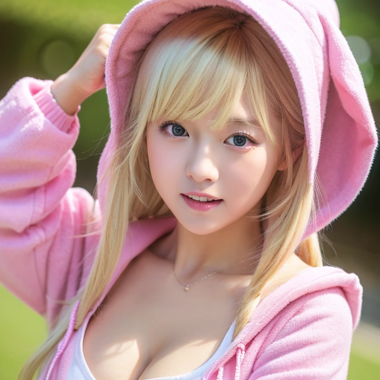 Blonde, plump, pink hoodie, hood is on。 Moe sleeves, F cup, V-neck, showing cleavage。 Mouth half open Japanese。
