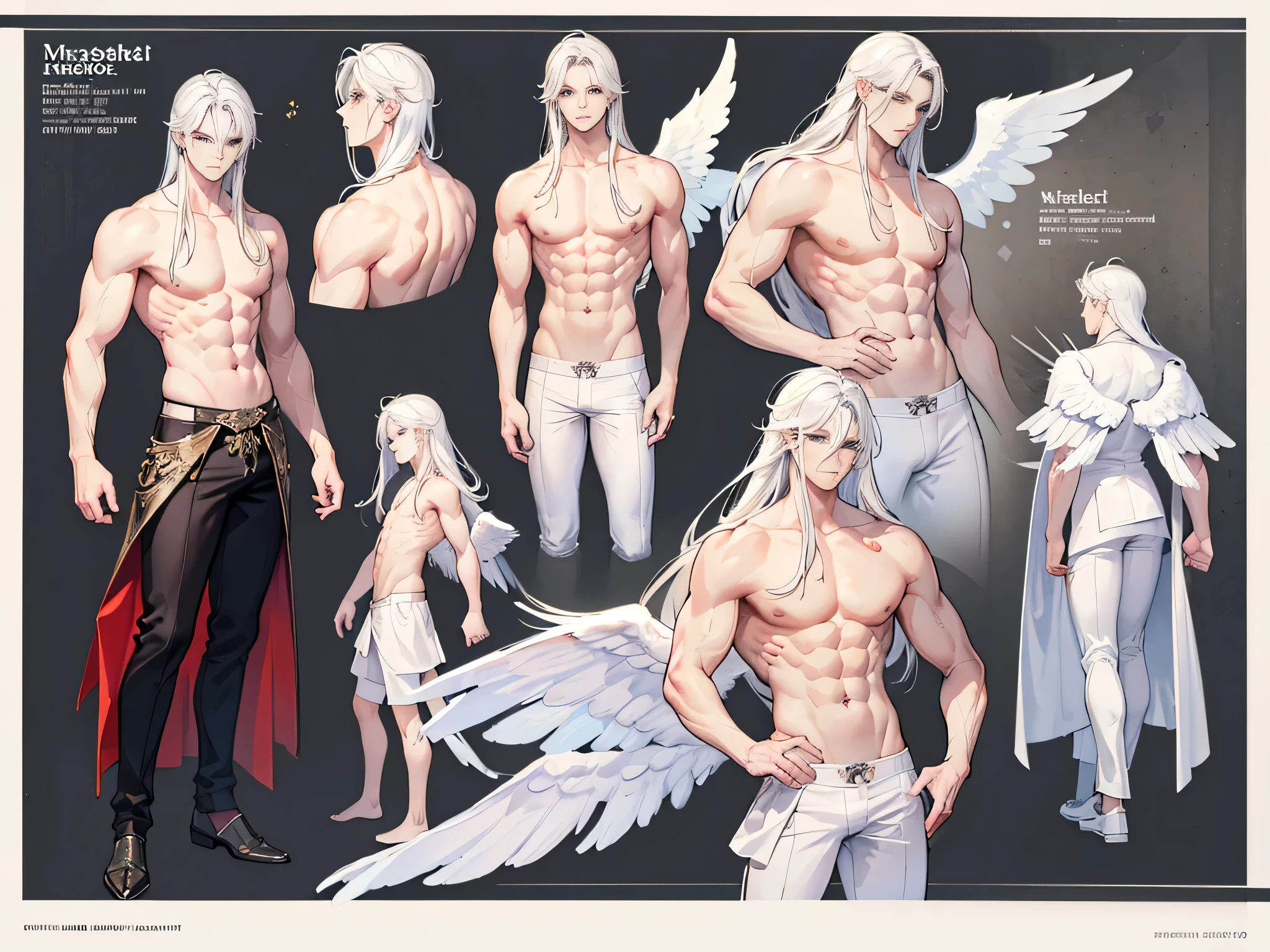 ((Masterpiece, Highest quality)), Male, boy, Detailed face, character design sheet, full bodyesbian, Full of details, frontal body view, back body view, Highly detailed, Depth, Many parts, angel wings, white hair, angel outfit, Muscle boy with white long hair,handsome man, male angel , man tall, abs, pectoral muscle