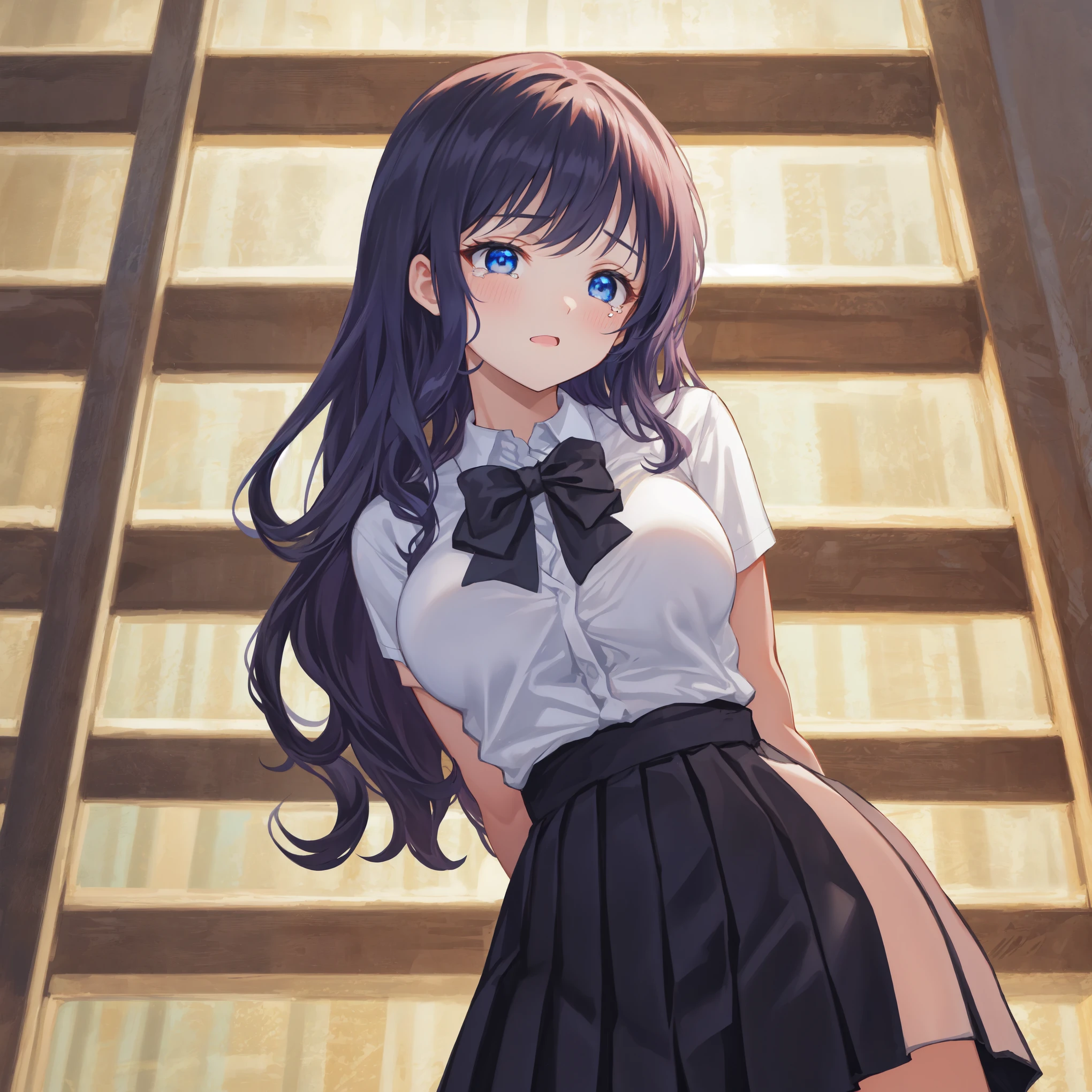 Beautiful illustrations,highest quality,pretty girl,Are crying,Cross your arms behind your back,inwardly curled hair black 1;4,From Below,{{beautiful large breasts 1:4}},Library,Bookshelf at the back,{{high school girl}},Black pleated skirt,From Below,{{beautiful large breasts 1:4}},brush,High-quality backgrounds,Slanted Eyes,Detailed shirt chest wrinkles,{{{high school girl}}},BREAK,{{beautiful blue eye1:4}},BREAK,Five fingers