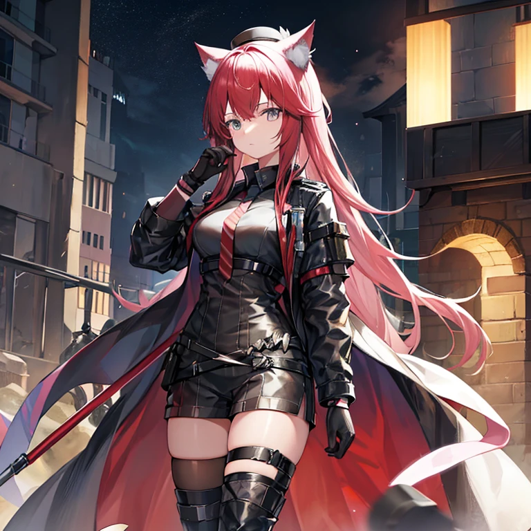 Need to create a single character image，The style is similar to the character portraits of the mobile game Arknights，Race is the film in the game，From the in-game country Victoria，Occupation is the intelligence unit of the country in the game Gray Hat。Age 18 years，Height 1.5 meters。She is a cat girl ****，The hair is pink，Petite and cute，But there is great power hidden under the dark uniform，Good appearance，There is a murderous atmosphere，But the walking posture is a bit silly。She wears combat gloves on both hands，There is a grey top hat on his head，However, cat ears can be seen by people without being blocked.。The weapon you hold can be either melee or ranged.。