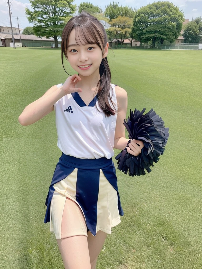 (masterpiece, highest quality:1.4), Award-winning portraits, 8k, 85mm, alone, Beautiful Face, Delicate girl,  (Cheerleader、On the grass), Sophisticated, cute, 15 years old, RAW Photos, Confused, High resolution, Sharp focus, Background blur、(((Flat  、thin and delicate body、Childish atmosphere)))、shiny semi-long hair、ponytail、Mole on the left cheek、 Dark blue eyes、High Kick、the skirt is swaying in the wind、Hair swaying in the wind、sexy、Flexible legs