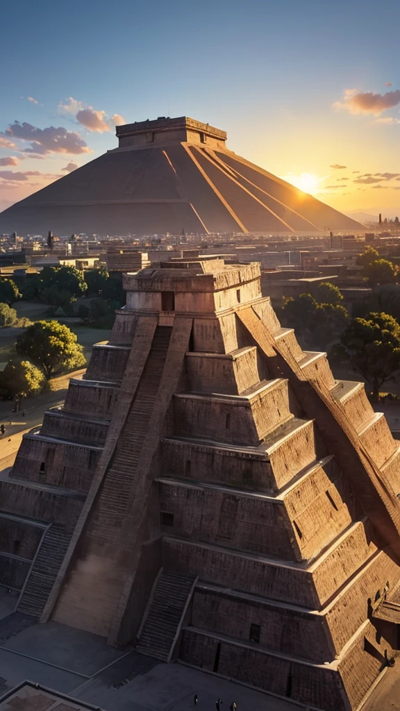 Teotihuacan pyramid in front closeup, de fondo un atardecer, del lado derecho una cabeza olmeca y al lado izquierdo una cabeza tolteca, estilo 2d semirrealista