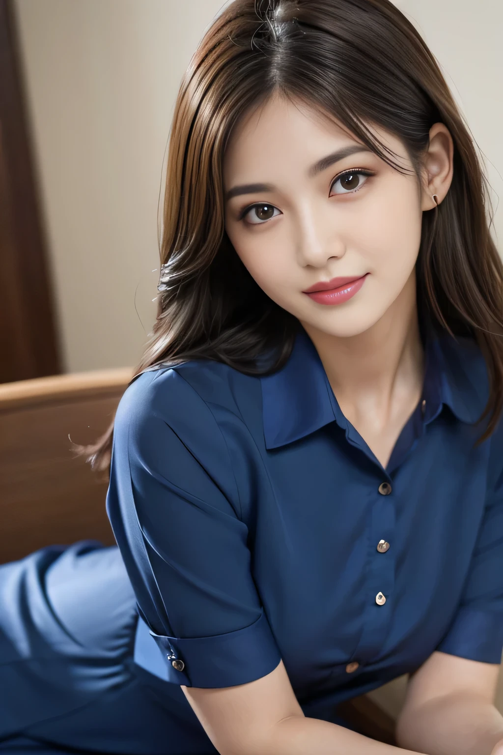 (RAW Photos), (Realistic), (masterpiece), (highest quality), High resolution, 8k, (Intricate details), (Volumetric Light), Portraiture, woman,Age 25, Medium Hair, Straight hair, Medium Chest, Layered Hair, Brown Hair, Very beautiful eyes, Source order, Very thin eyebrows, Very fine skin, Very beautiful mouth, Very nice nose, Cute like an idol, smile, (Thick lips), (Looking at the audience), (See-through dark blue collared dress shirt), Above the knee shot