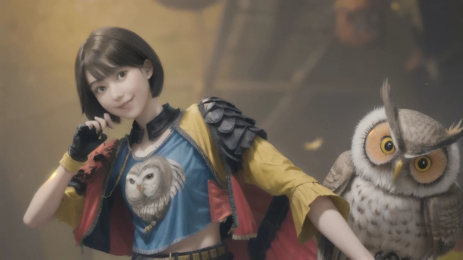 224 Short Hair, 20-year-old woman, A kind smile, (There are also colorful owls), (Rembrandt-style painting), ((machinery suit,Clothes with short sleeves)),I can see your abs