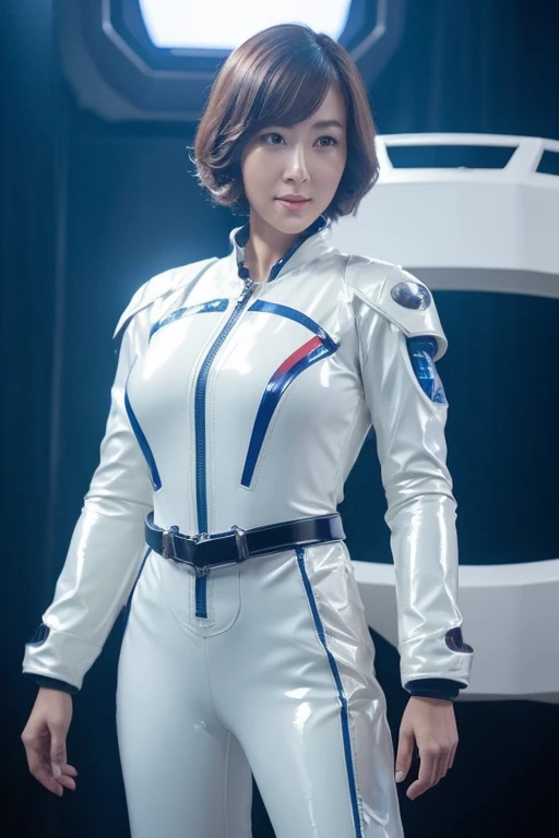 Beautiful woman、A space suit that fits perfectly、Hangar、Plump、Zero gravity space、Gundam、Normal Suit、Photorealistic、Masterpiece、4K resolution、Shiny latex、Hold the helmet in your right hand、belt、short hair、Inside the spaceship、Adult women、NCO、