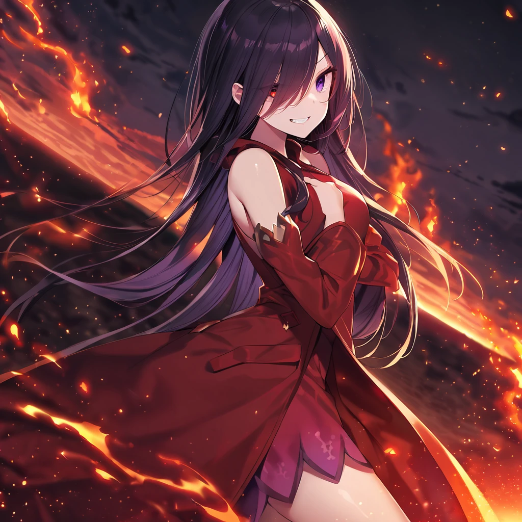 (masterpiece, detailed eyes, dutch angle, high quality:1.2), (dark seele), 1girl, solo, long hair, looking at viewer, red eyes, dress, bare shoulders, purple eyes, purple hair, red hair, detached sleeves, red dress, fire, red theme, evil pose, outdoors, horizon sunset, detailed body, circular particles, fire in background, full medium shot, dutch angle, hood, hair over one eye, grin, evil grin, coat, red coat, green clothes, hoodie, fire, hand in pocket, hand in fire, fire aura, hell, surrounded by fire, fire particles, black background, full medium shot, (hd wallpaper, detailed, sunset:1.1)