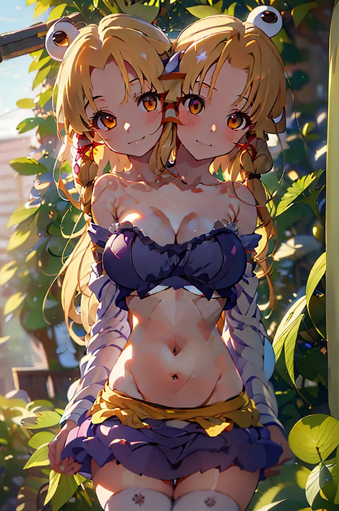 (masterpiece, best quality), top best quality, (ultra-detailed), (3heads:1.5), 1girl, (moriya suwako:1.3), masterpiece, best quality, ultra quality, ultra resolution, ultra detail, simple purplish-blue top, crop top, ((stomach)), midriff, ((groin)), simple purplish-blue skirt, normal ears, shackles, yellow hair, very long hair, wavy hair, sidelocks, golden yellow eyes, parted lips, sweat, cute, toned belly, hand on own chest, eyelashes, (24 year old woman:1.3), (masterpiece:1.6), (best quality:1.6), (beautiful detailed), extremely detailed CG, extremely delicate and beautiful, depth of field, (finely detailed face), (perfect details:1.2), (mature female:1.3), wide pelvis, slender, large veiny breast, 16k resolution, highres, high quality, high definition, extremely detailed, masterpiece, yellow hair, long hair, alluring presence, braid, short skirt, close up, big tits, young, hair ribbon, open belly, girl with three heads,