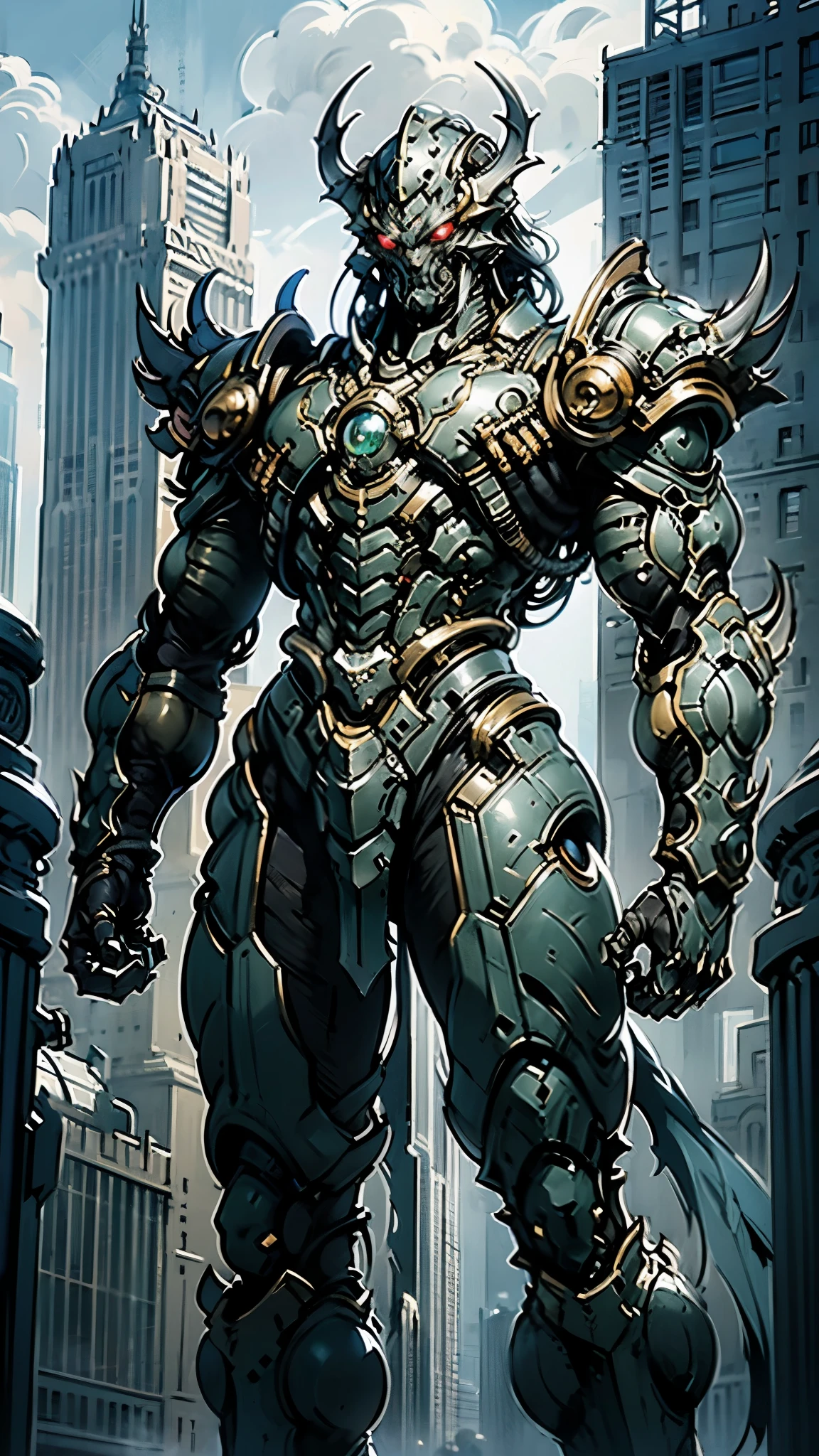 A man wearing a full-face helmet, a fantasy-style biotech armored combat suit, green eyes, (a composite layered chest armor), fully enclosed shoulder guards, matching arm and leg guards, the belt is adorned with dragon claw grasping orbs, (primarily black with red accents), the design balances heavy with agility, a high-tech bio-mecha armor, (lion concept Armor, stand on the top of a skyscraper in a futuristic sci-fi city), this character embodies a finely crafted fantasy-surreal style armored hero in anime style, exquisite and mature manga art style, (element, plasma, energy, the armor glows), ((male:1.5)), metallic, real texture material, dramatic, high definition, best quality, highres, ultra-detailed, ultra-fine painting, extremely delicate, professional, perfect body proportions, golden ratio, anatomically correct, symmetrical face, extremely detailed eyes and face, high quality eyes, creativity, RAW photo, UHD, 32k, Natural light, cinematic lighting, masterpiece-anatomy-perfect, masterpiece:1.5