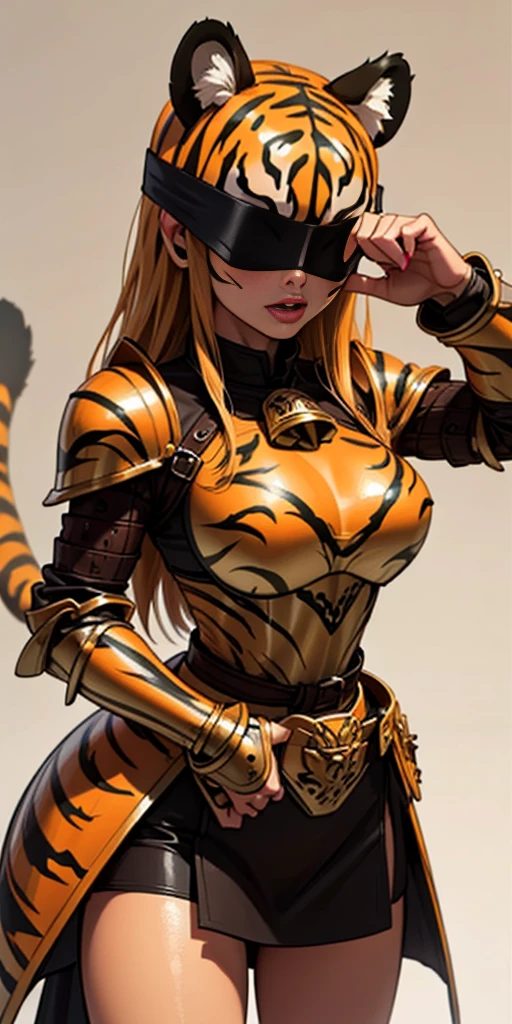 1 solo female blindfolded, animal tiger ears, animal tiger hands, animal tiger print, bell ((Armor reminiscent of a tiger))