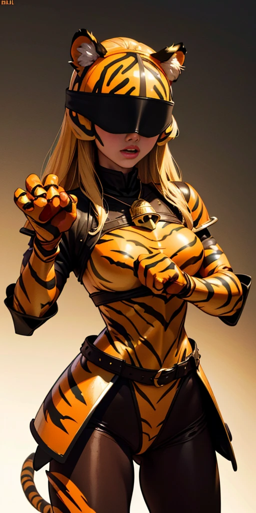 1 solo female blindfolded, animal tiger ears, animal tiger hands, animal tiger print, bell ((Armor reminiscent of a tiger))