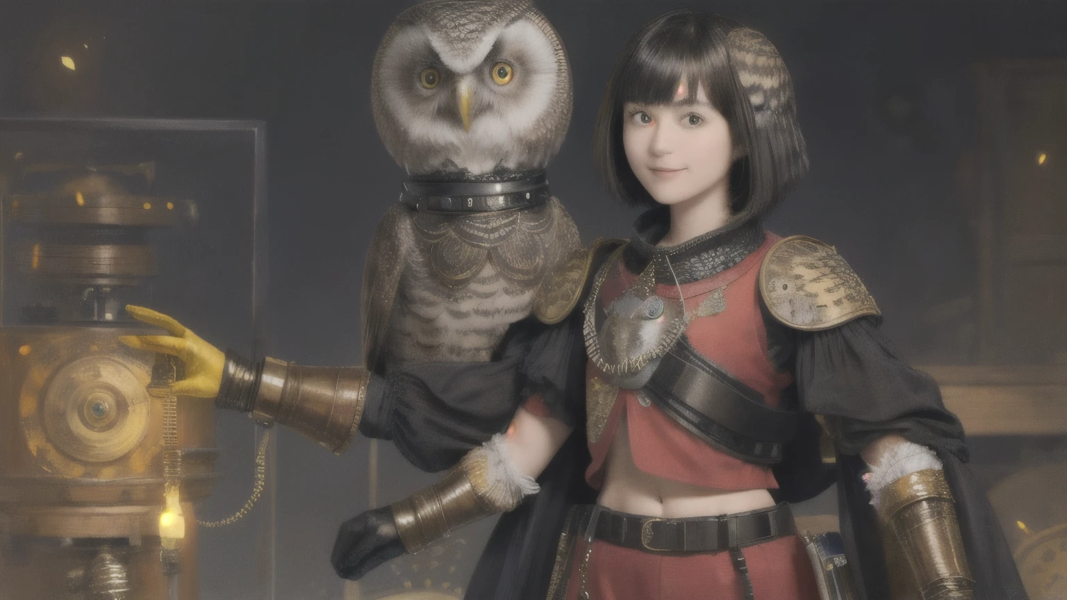 224 Short Hair, 20-year-old woman, A kind smile, (There are also colorful owls), (Rembrandt-style painting), ((machinery suit,Clothes with short sleeves)),I can see your abs