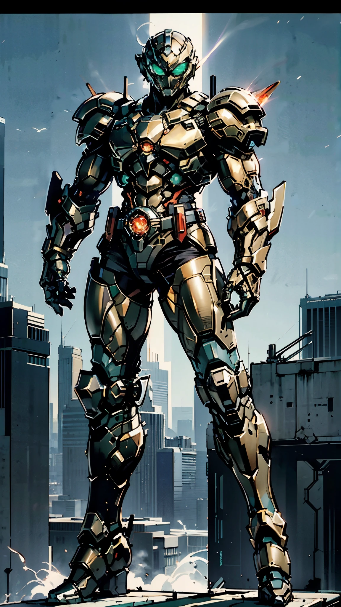 A man wearing a full-face helmet, a fantasy-style biotech armored combat suit, green eyes, (a composite layered chest armor), fully enclosed shoulder guards, matching arm and leg guards, the belt is adorned with dragon claw grasping orbs, (primarily black with red accents), the design balances heavy with agility, a high-tech bio-mecha armor, (lion concept Armor, stand on the top of a skyscraper in a futuristic sci-fi city), this character embodies a finely crafted fantasy-surreal style armored hero in anime style, exquisite and mature manga art style, (element, plasma, energy, the armor glows), ((male:1.5)), metallic, real texture material, dramatic, high definition, best quality, highres, ultra-detailed, ultra-fine painting, extremely delicate, professional, perfect body proportions, golden ratio, anatomically correct, symmetrical face, extremely detailed eyes and face, high quality eyes, creativity, RAW photo, UHD, 32k, Natural light, cinematic lighting, masterpiece-anatomy-perfect, masterpiece:1.5