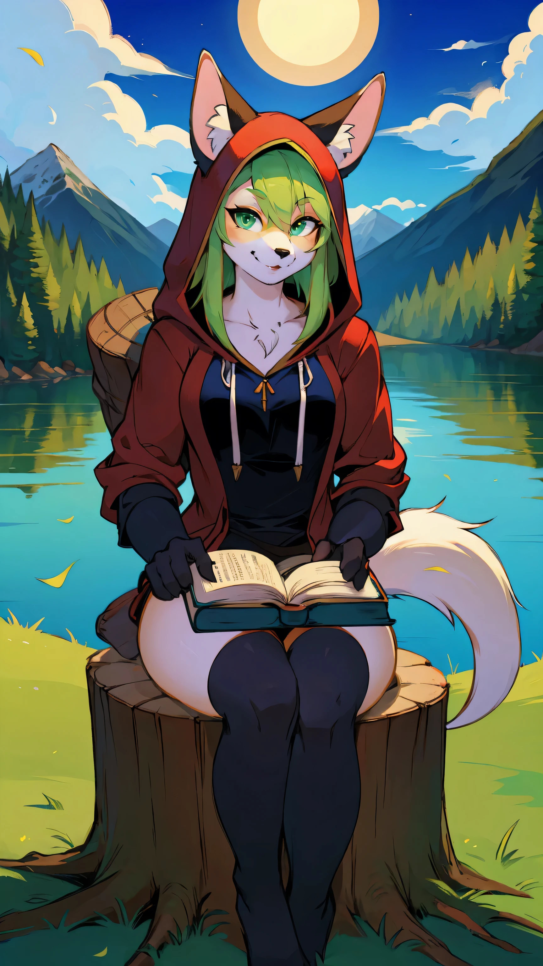 masterpiece, best quality,furry_girl, sitting, animal, animal ears, bird, Black_hair, Book, Bookmark, Branches, Gloves, Grass, green hair, Keep, Keep Book, hood, hood down, Yoko, Looking at the audience, multicolored hair, oPen_Book, partially fingerless Gloves, Pen, plant, pouch, quill, read, sitting, Smile, Solitary, Tail, Tree, Tree stump,, Sky, sun, Mountain, forest, lake